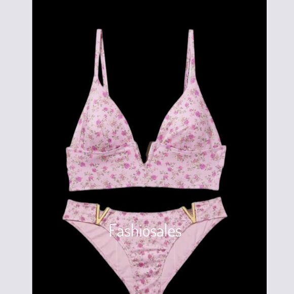 Victorias Secret Swim V-Hardware Padded Bikini Top & bottom Set Ditsy pink L - Picture 5 of 10